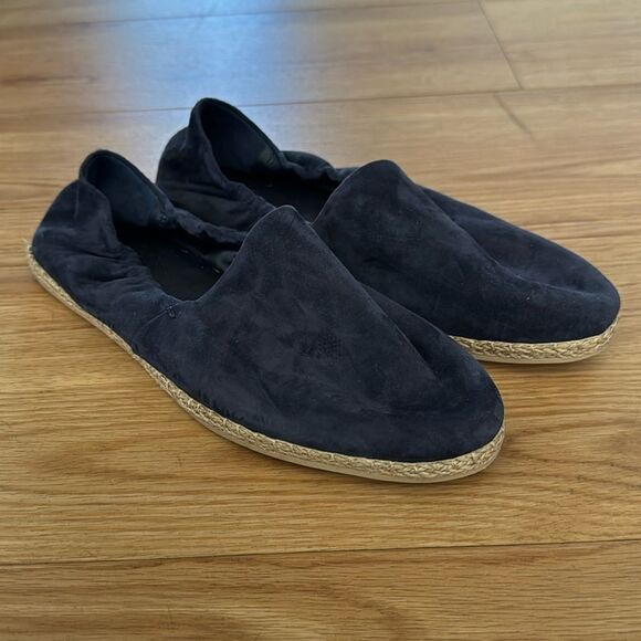 VINCE Womens Navy Leather Espadrille 37.5 Ruched Stretch Meryl Round Toe Slip On - Picture 5 of 11